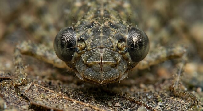 Gladiatorial portrait of dragonfly nymph face with folded labial mask