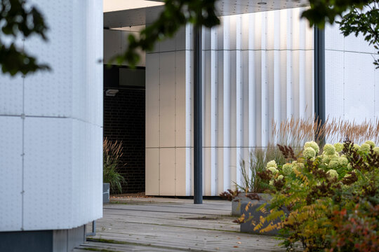 entrance walkway passes plants beneath white columns on an urban building facade, where garden detail softens architecture at the exterior