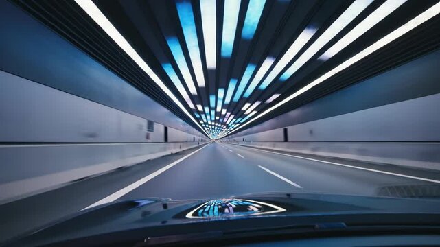 First person perspective of driving through a modern highway tunnel illuminated by rows of vibrant blue and purple LED lights with motion blur and reflection on vehicle hood.