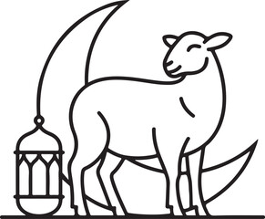 Fototapeta premium Eid al-Adha sheep line art, Islamic crescent moon, lantern vector