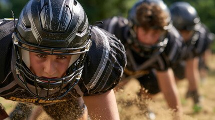 Fototapeta premium Youth football linemen in full pads exploding off the line of scrimmage during a summer practice drill, dust rising from dry turf under harsh midday sun, perfect for youth football, summer training,