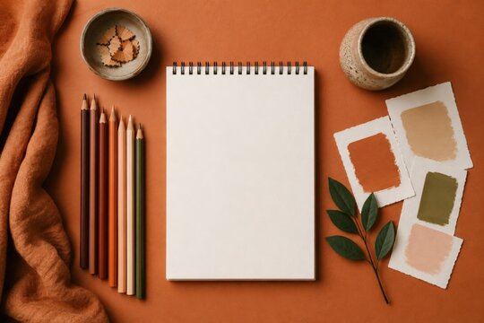 Espace cr&eacute;atif avec carnet vierge crayons et palette terreuse
