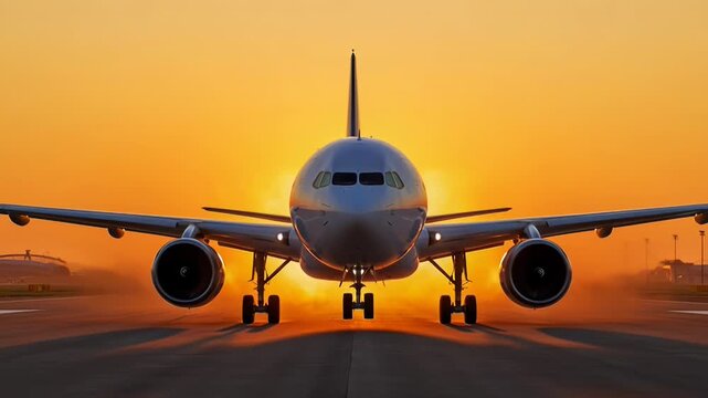 A passenger airplane faces the rising sun on a runway, creating a dramatic and vibrant scene of travel and new beginnings.