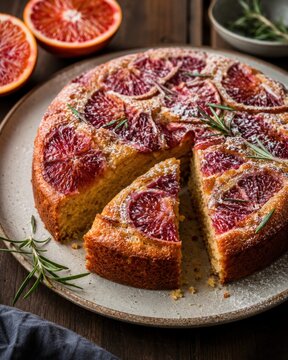 G&acirc;teau aux agrumes sanguins et romarin avec sucre glace