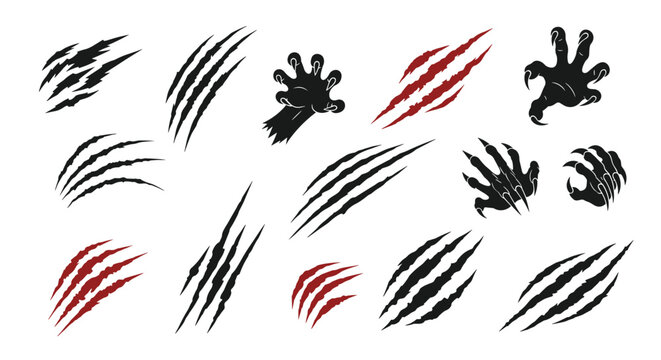 Large collection of sharp animal claw scratch marks and bloody handprints in various styles on a plain white background.