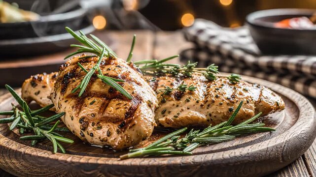 Grilled chicken breast fillets with visible grill marks seasoned with fresh rosemary and thyme herbs, served on a round rustic wooden board with steam and warm bokeh background.