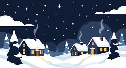 Naklejka premium Serene winter night scene of a snowy village with glowing houses and pine trees under a starry sky with smoke from chimneys.