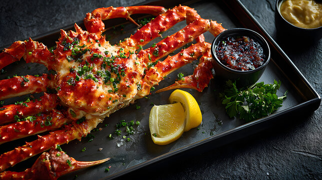 Chilean king crab centolla served with lemon and sauce on dark tray