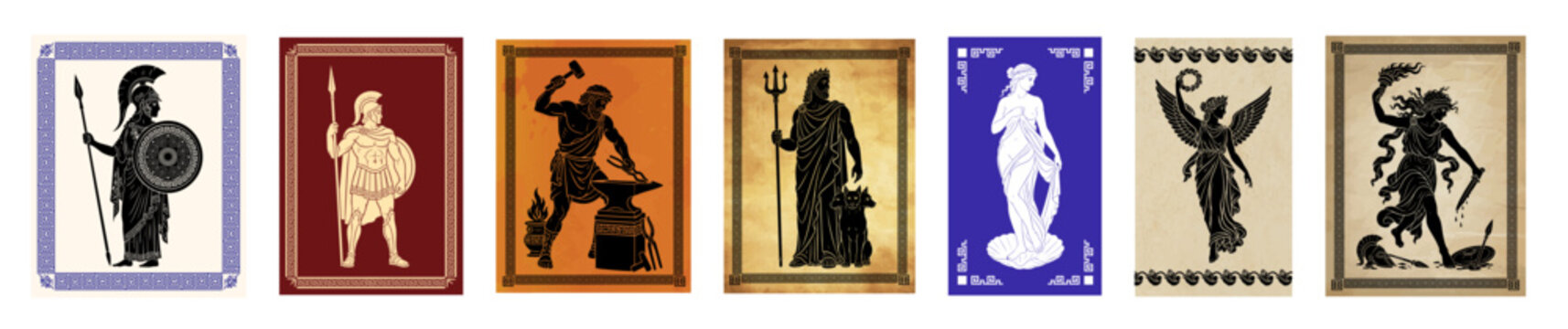 Ancient Greek mythology figures on vintage papyrus parchment with ornamental meander borders