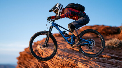 Obraz premium Extreme mountain biker launching off a red sandstone cliff edge at high altitude, bike fully airborne against a cerulean summer sky, perfect for adrenaline sports, outdoor adventure, and modern extr