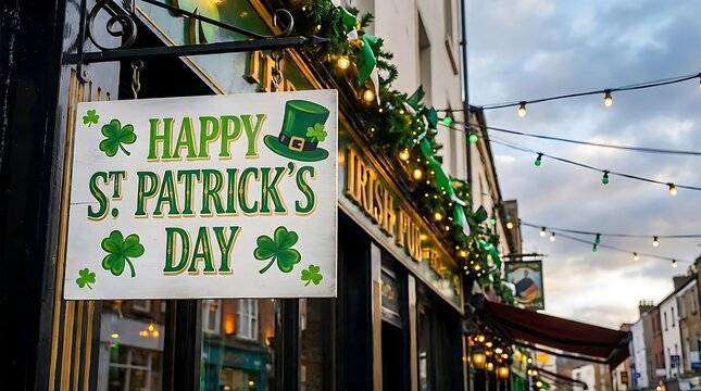 Happy saint patrick's day decorative signage hanging outside a traditional irish pub decorated with festive green lights and shamrock emblems in a city street