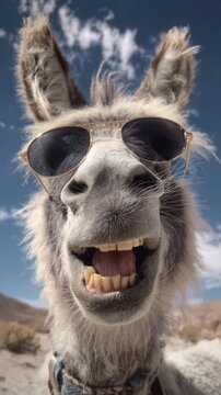 Cool donkey wearing sunglasses taking a selfie outdoors