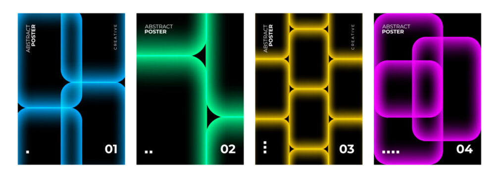 Set of Abstract Posters. Vibrant neon colored gradient geometric shapes on black background. Creative graphic designs. Vector illustration.