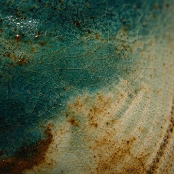 Macro de gla&ccedil;ure c&eacute;ramique craquel&eacute;e bleu p&eacute;trole et ocre