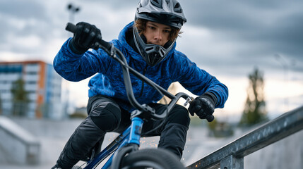 Fototapeta premium Teenage BMX rider grinding a handrail at a concrete skatepark, sparks trailing the peg, dramatic overcast summer sky lending moody contrast, perfect for extreme urban sport, BMX culture, and contemp