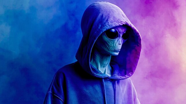 Green alien figure in a hoodie standing under colorful lights with a serious expression