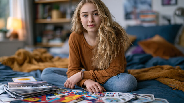 Teenage girl sits cross-legged on her bed surrounded by college brochures, cultural flags, and language-learning flashcards, mapping out a global identity on her duvet, ideal for teen identity disco