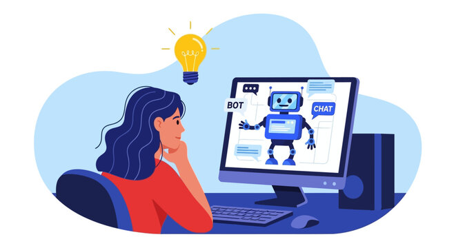 Robot design, woman working on computer, chatbot interface, digital illustration, business productivity concept