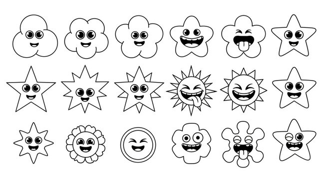 Smiling star and cloud icons, happy face symbols, cute cartoon emojis, black line drawings