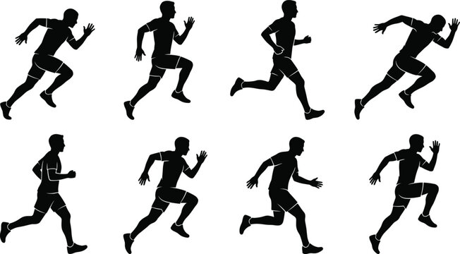 Set of athletic running man silhouettes in different sprint poses, dynamic motion sequence, fitness and sports concept, black figures isolated on white background.