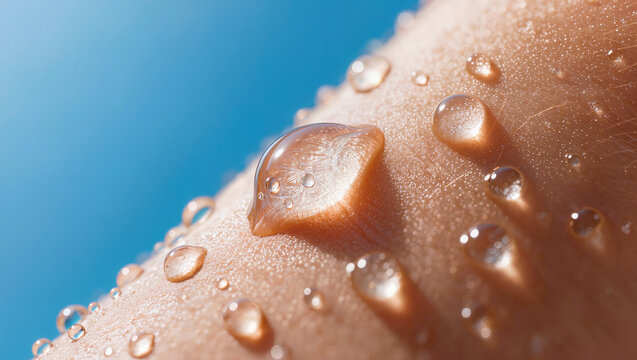 Premium hydrated skin macro closeup with crystal water droplets on radiant glowing complexion under bright blue sky, skincare hydration concept, editorial beauty photography with copy space