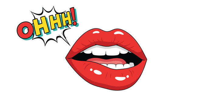 Retro pop-art illustration of red lips biting the lower lip with an OHHH! speech bubble for a fun and expressive graphic design.
