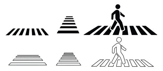 Pedestrian crosswalk icon set, zebra crossing vectors flat outline style, road safety sign and traffic walkway symbol collection for urban street crossing design and city transport illustration. © Mizu Ahmed 1