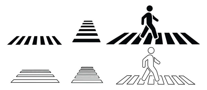 Pedestrian crosswalk icon set, zebra crossing vectors flat outline style, road safety sign and traffic walkway symbol collection for urban street crossing design and city transport illustration.