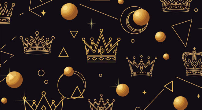 Luxurious pattern of golden crowns, spheres, triangles, and lines on a dark purple background for a royal and elegant theme.