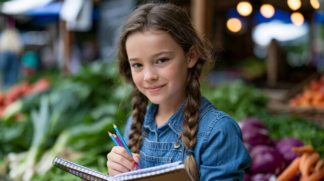 A girl with braids stands at a vibrant outdoor market stall sketching produce with colored pencils in a wire-bound journal, creative arts education beyond classroom walls, summer light catching her 