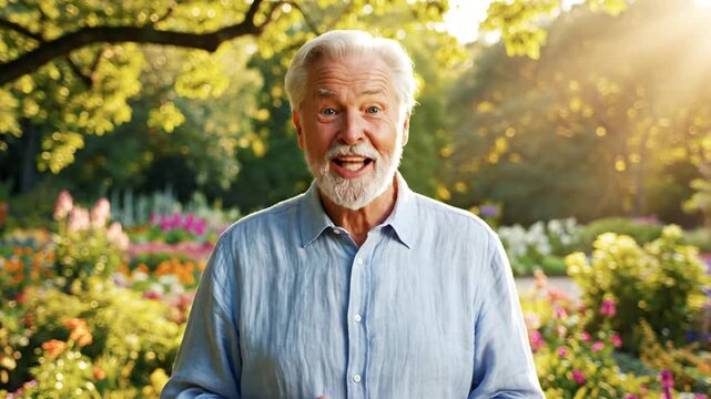 Smiling elderly man with white beard in a sunlit garden