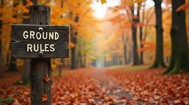 Wooden sign with text Ground Rules in a beautiful autumn forest.