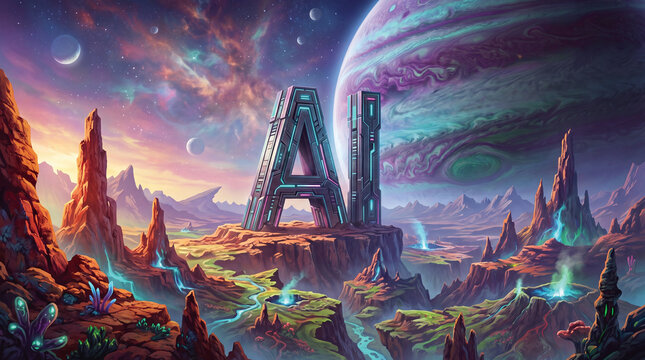 Futuristic AI text monument on alien planet landscape, sci-fi cosmic background with giant colorful planet and nebula, generative AI illustration