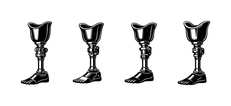 Set of four black and white prosthetic legs with articulated feet and knee joints