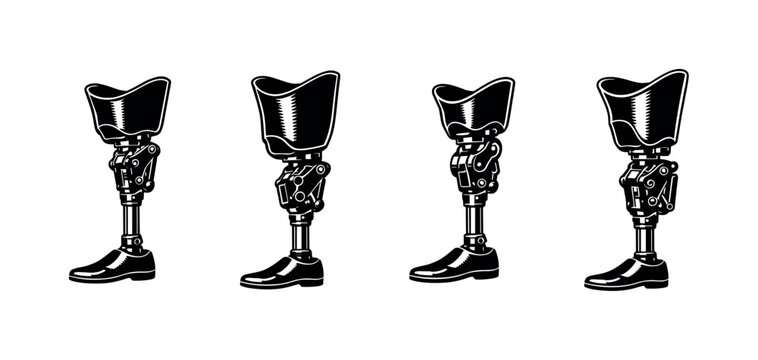 Set of four black prosthetic legs with shoes and articulated joints