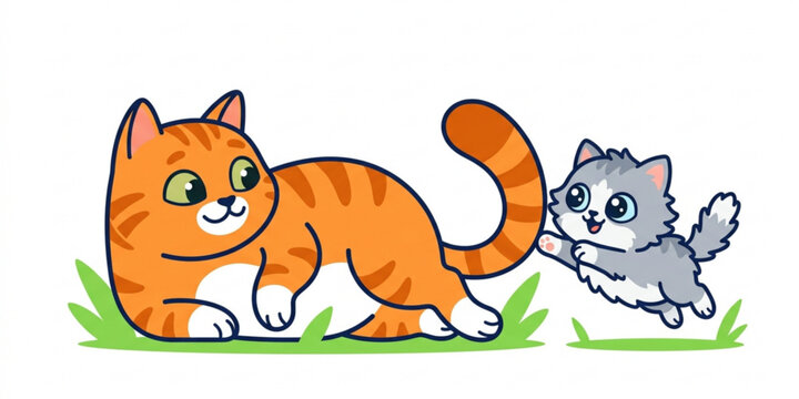 Cute kitten chasing cat tail vector illustration funny pet characters flat design isolated on white