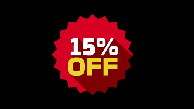 15 Percent Off Discount Sale Badge Animated Motion Graphic. 15 Percent Off Red Promo Sticker Animation. Special Offer 15% Off Graphic Element for Retail Sale Marketing
