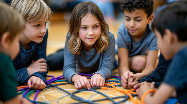 Group of fourth-graders in a circle on a gymnasium floor negotiate the rules of a new game they invented using chalk and jump ropes, candid unposed moment of playground friendships forming, ideal fo