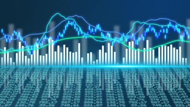 Candlestick stock chart with price table line glowing and volume indicator showing global financial market trading, investment growth trend, economic wealth analysis, and virtual hologram display