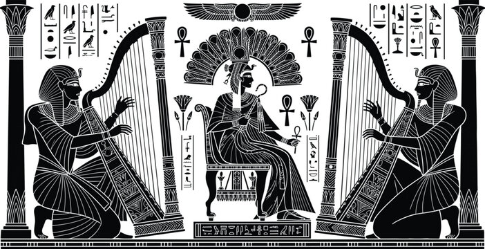 Ancient Egyptian Pharaoh Queen on Throne with Musicians Playing Harps, Hieroglyphics, Ankh Symbols, and Historic Decorative Ornaments Vector Illustration