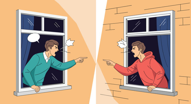 Two angry men shouting and pointing fingers at each other from neighboring windows in an urban brick apartment building.
