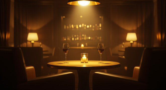 A romantic dinner setup with wine glasses on a table in a dimly lit upscale restaurant interior.