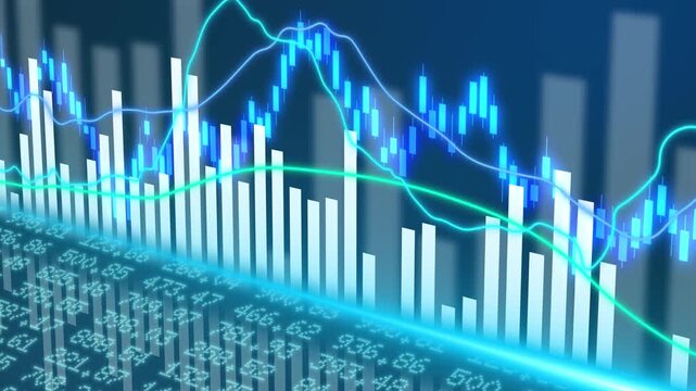 Candlestick stock chart with price table line glowing and volume indicator showing global financial market trading, investment growth trend, economic wealth analysis, and virtual hologram display