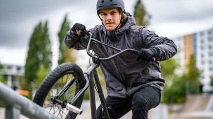 Fototapeta premium Teenage BMX rider grinding a handrail at a concrete skatepark, sparks trailing the peg, dramatic overcast summer sky lending moody contrast, perfect for extreme urban sport, BMX culture, and contemp