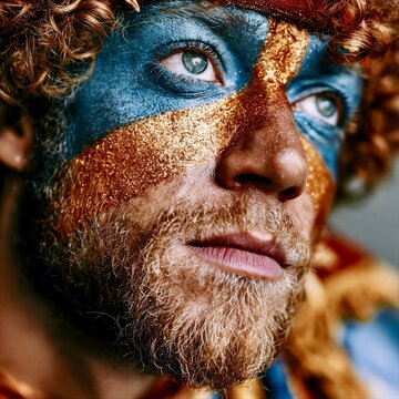 Man with colorful face paint prepares for a cultural event in a lively setting during the day