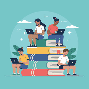 Group of diverse students studying with laptops sitting on stack of books