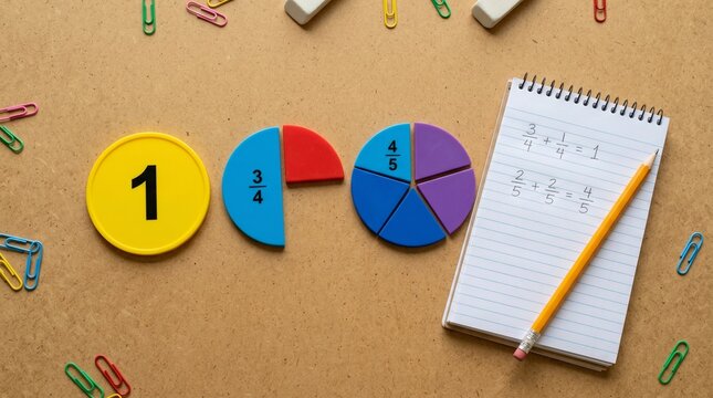 Top-down view of math manipulatives, fraction circles, notebook with equations, and yellow pencil on brown desk background

