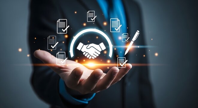 Strategic procurement hand holding digital contract supply chain management icons
