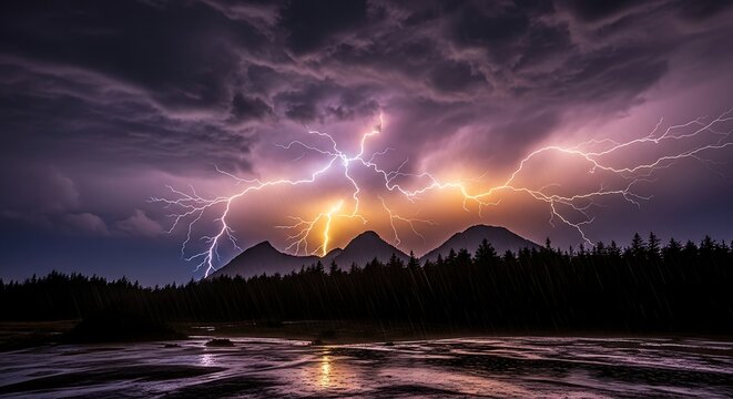 Dramatic Lightning Storm Illuminating Mountain Range Over Forest Lake at Night