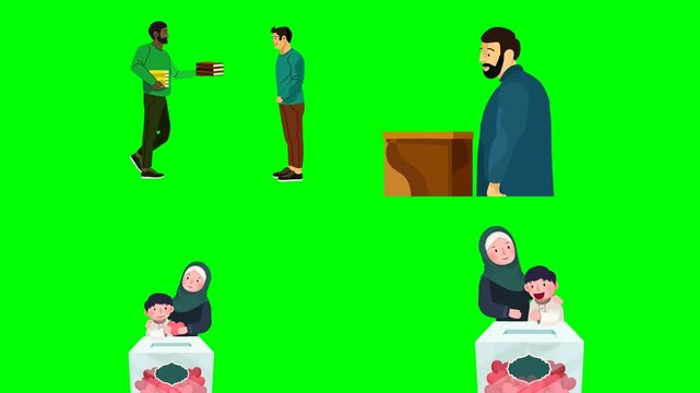 Muslim people taking photographs paying out charity and eating big cakes 2d animated cartoon on green screen chroma key background. high quality loop cycle vector illustration animation